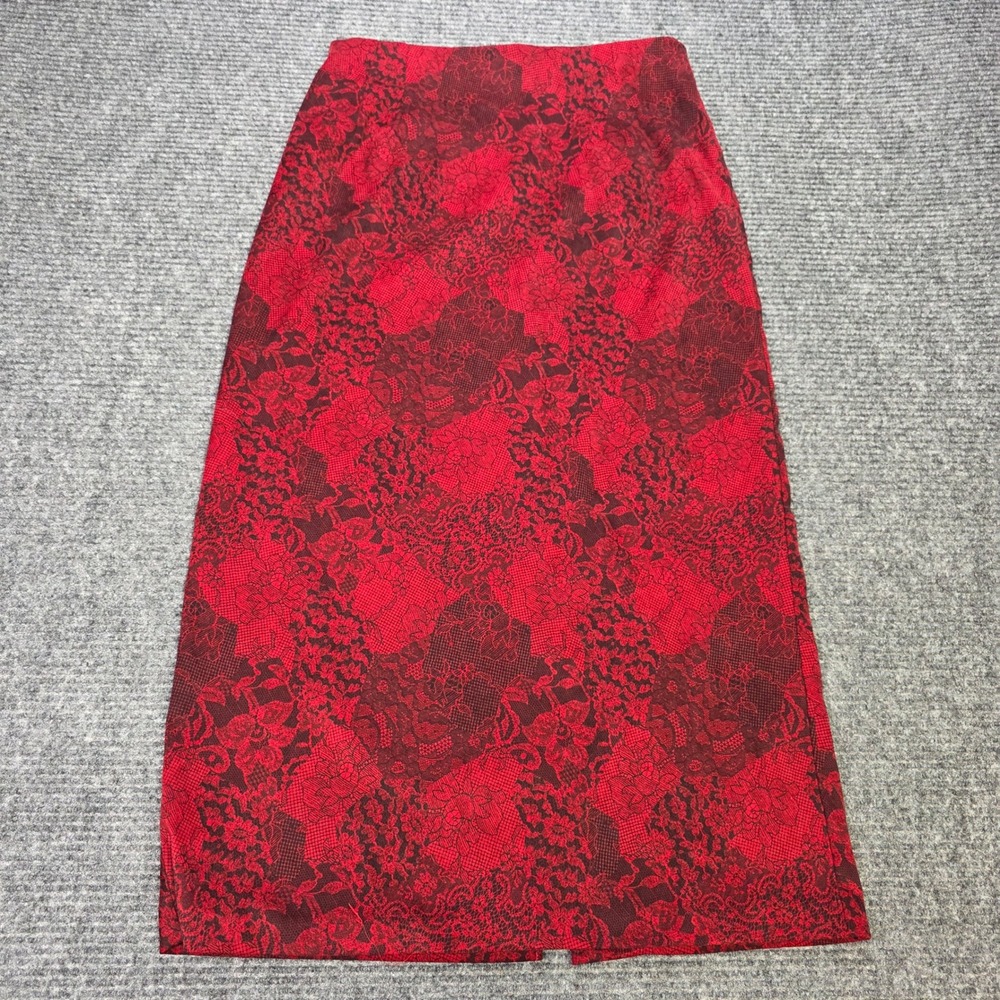 Briggs Maxi Skirt Women's Size 12 Red Black Floral Lace Print Stretch Back Vent